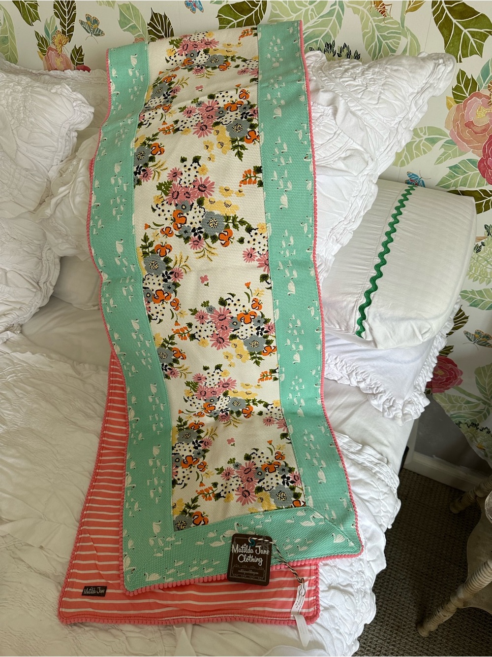 Matilda Jane Mint, Coral & White Table Runner / Bed Scarf Drape / Dresser Drape
